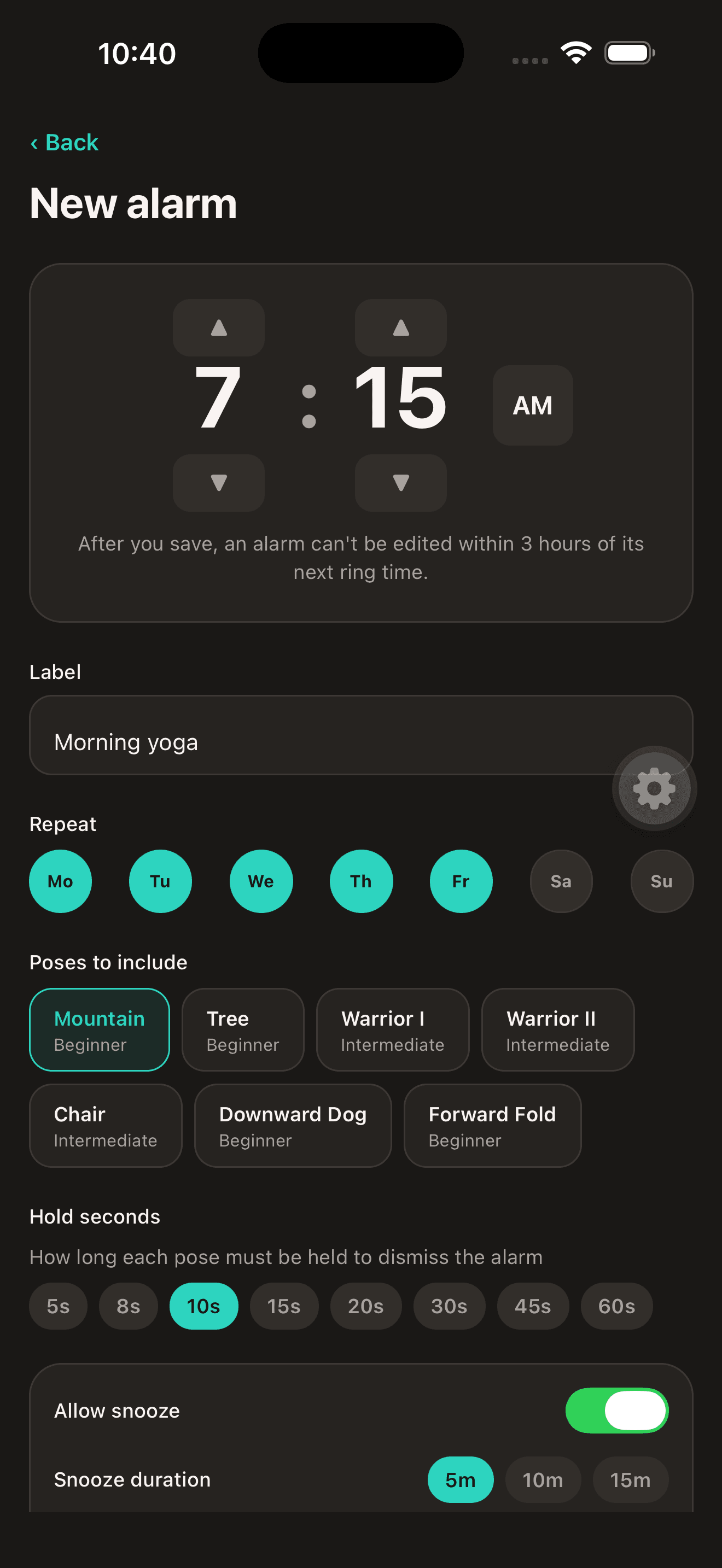 Yogalarm new alarm editor with pose selection