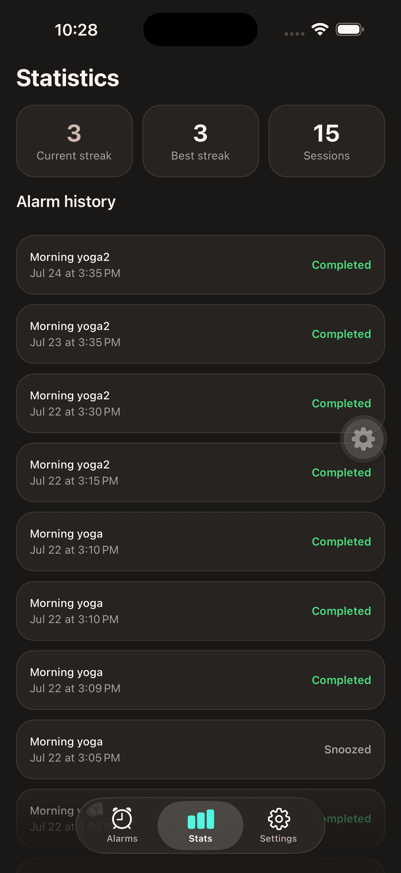 Yogalarm statistics with streaks and alarm history